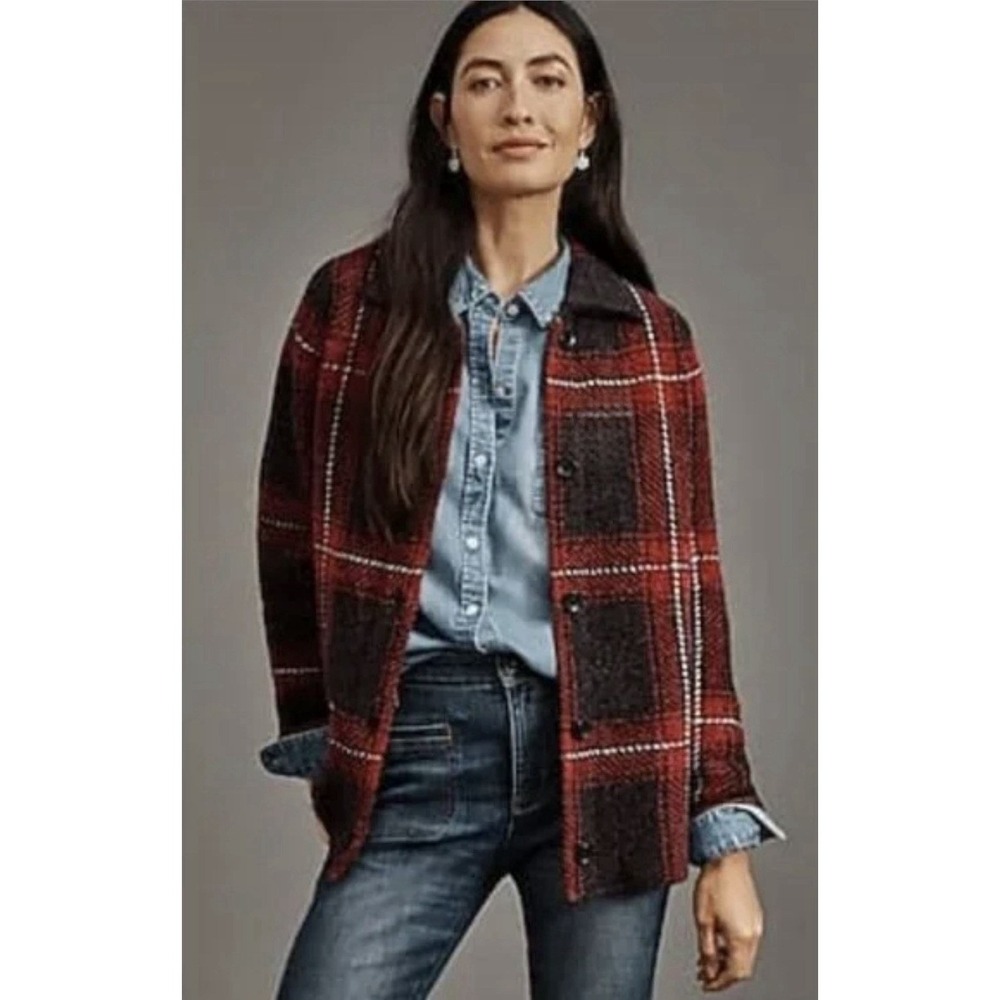 J. Jill Cardigan Sweater Womens M Petite Red Grey Plaid Wool Blend Academia